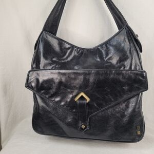 HELEN WELSH Black High-Shine Leather Hobo Bag - Oversized Brass Accent